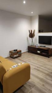 ein Wohnzimmer mit einem Sofa und einem Flachbild-TV in der Unterkunft Tout confort. Appartement 2 pers. centre-ville in Le Creusot