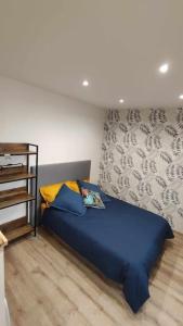 1 dormitorio con 1 cama azul en una habitación en Tout confort. Appartement 2 pers. centre-ville en Le Creusot