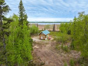 a small house with a blue roof in a field at Lake Vista Chalet - 1BR, Full Kitchen, Wi-Fi in Kenai