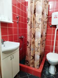 łazienka z umywalką toaletową i zasłoną prysznicową w obiekcie FUN ROOMS SOBE PRENOĆIŠTE w mieście Borča