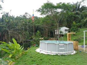 a swimming pool in a yard with a flag at Casa Mapaná in Minca