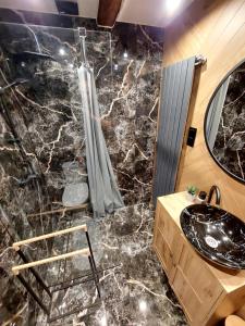 a bathroom with a sink and a shower and a mirror at Apartament Graal Roztocza in Rebizanty