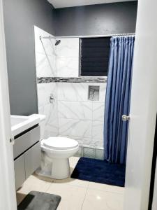 La salle de bains est pourvue d'une douche et de toilettes blanches. dans l'établissement the Blue Ackee, à Montego Bay