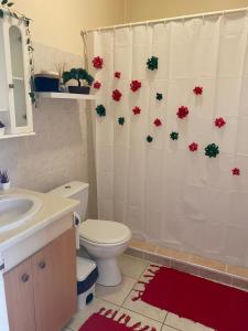 a bathroom with a toilet and a shower curtain with flowers at Heiata Lodge Papeete in Papeete +11 photos