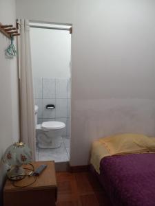 1 dormitorio con 1 cama y baño con aseo en FLOWERs HOSTEL en Nazca