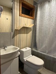 een badkamer met een wit toilet en een wastafel bij QUELEN AUSTRAL in Hornopiren