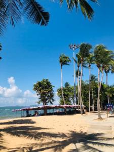 een strand met palmbomen en een bus bij Chang Charlie Inn, Boutique in Jomtien Beach