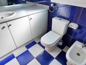 Un baño azul y blanco con inodoro y lavabo. en Apartamento tranquilo con terraza y jardín cerca de la playa - ES-170-47, en Llançà 17 fotos más