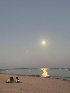 a group of people sitting on the beach under the moon at ビーチサイドペンションみーばる in Nanjo