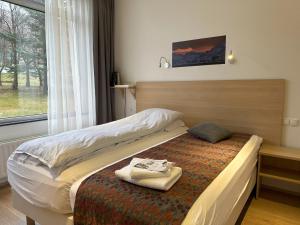 um quarto com uma cama com uma cabeceira em madeira e uma janela em Hotel Eskifjörður em Eskifjörður