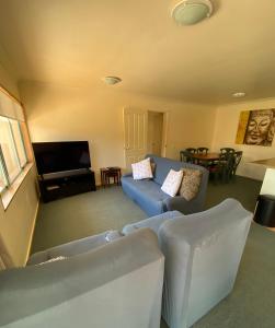 a living room with a blue couch and a tv at Tairua Dream in Tairua