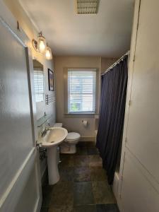 a bathroom with a sink and a toilet and a window at Cute & Quiet Garage Apt Home in Houston