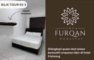 a bedroom with a bed and a sign for a hotel at Homestay Cinta Furqan 1 - apartment Cameron Highland in Tanah Rata