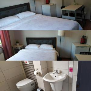 two pictures of a bedroom with a bed and a sink at RAZI TURIZM in Istanbul