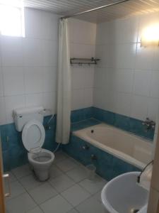 uma casa de banho com um WC, uma banheira e um lavatório. em Krishna Palace em Jhālāwār