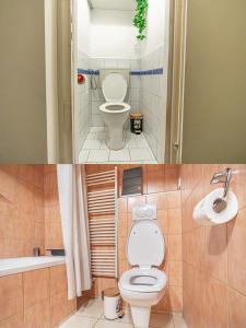 two pictures of a bathroom with a toilet and a sink at Peaceful Getaway 2BR Apartment with Shared Spaces in Vienna