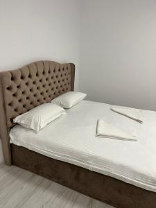 a bed with a padded headboard and two pillows at Pollux Residence Militari ap 158 in Dudu