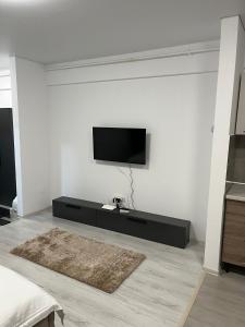 a living room with a flat screen tv on a wall at Pollux Residence Militari ap 158 in Dudu