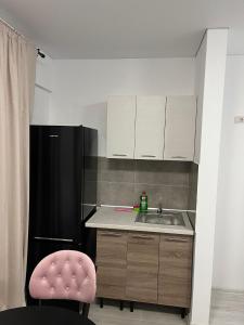 a kitchen with a sink and a black refrigerator at Pollux Residence Militari ap 158 in Dudu