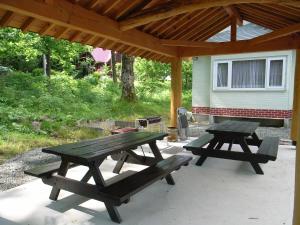 a picnic table and two benches under a pavilion at Cottage All Resort Service / Vacation STAY 8435 in Inawashiro
