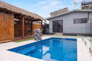 Cape WoolamaiにあるAndrea and Nigel's Beach Houseのスイミングプール横に座るぬいぐるみ