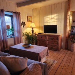 a living room with a table and a television at Smultronbacken in Eljaröd