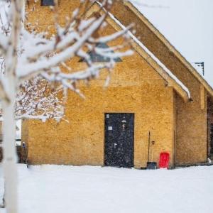 a building with a black door in the snow at Saniba Gudauri in Gudauri