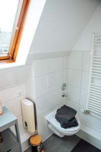 ein Bad mit einem WC, einem Waschbecken und einem Fenster in der Unterkunft Central-Living yellow - Wifi - Netflix - City in Essen