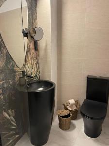 a bathroom with a black toilet and a mirror at Goldsmith in Sibiu