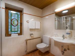 a bathroom with a toilet and a sink and a stained glass window at MANNI Gästehaus in Mayrhofen