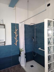 bagno con doccia e parete blu di SA SERENIDADI a Solèminis