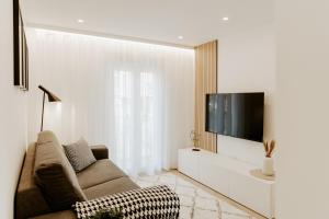 ein Wohnzimmer mit einem Sofa und einem Flachbild-TV in der Unterkunft Apartamento Plaza Logroño in Logroño