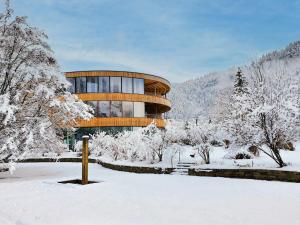 un edificio en la nieve con árboles nevados en Gesundhotel Bad Reuthe, en Vorderreuthe