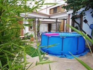 a blue hot tub in the courtyard of a house at CASA BACO in Casas Ibáñez