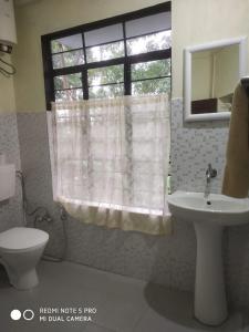 een badkamer met een wastafel, een toilet en een raam bij Ha Lad in Mawlynnong