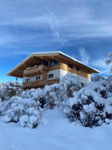 a house in the snow with snow covered bushes at Landhaus Barbara in Kitzbühel