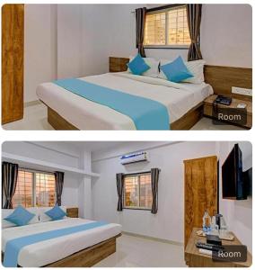 two pictures of a bedroom with a bed and a tv at Eon IT Park Corporate Hotel in Pune