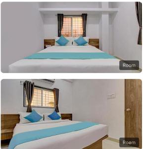 two pictures of a bedroom with a bed with blue pillows at Eon IT Park Corporate Hotel in Pune