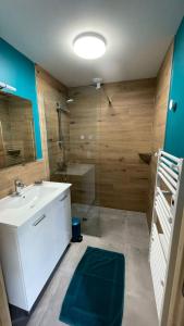 uma casa de banho com um lavatório branco e um chuveiro em Gîte des Pierres de Barme em Olby