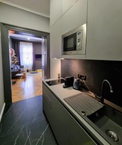 cocina con fregadero y encimera en MINT Boutique Studio Apartments, en Zagreb
