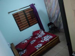 Schlafzimmer mit einem Bett mit roter Bettwäsche und einem Fenster in der Unterkunft Hotel TK d'Or 