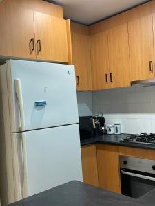 a white refrigerator in a kitchen with wooden cabinets at Luxury Fitzroy House in Melbourne