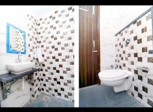 two pictures of a bathroom with a toilet and a sink at Kesari root in Amritsar +13 photos
