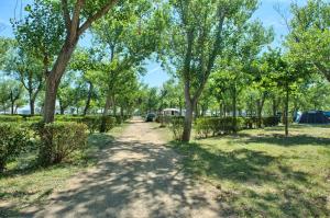 een pad door een park met bomen en tenten bij Camping & Bungalows Platja Brava in Pals