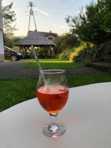 ein Getränk in einem Glas, das auf einem Tisch steht in der Unterkunft BUKOLIKA in Rajcza