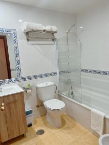 a bathroom with a toilet and a shower and a sink at HOTEL MAREA in Poio