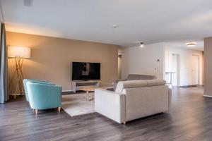 a living room with a couch and a tv at Apartment Alpeglöggli - GriwaRent AG in Interlaken