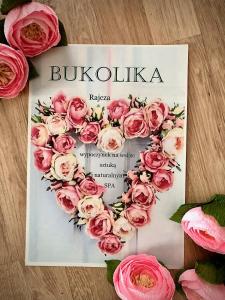 un livre avec des roses roses roses en forme de cœur dans l'établissement BUKOLIKA, à Rajcza