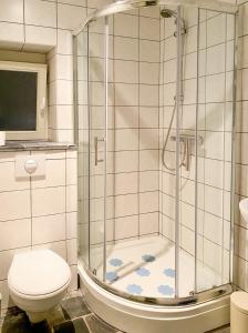ein Bad mit einer Dusche und einem WC in der Unterkunft Lovely apartment in Voeren in Voeren