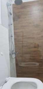 een douche in een badkamer met een toilet en een houten muur bij Eclipse Residence 1 in Baia Mare